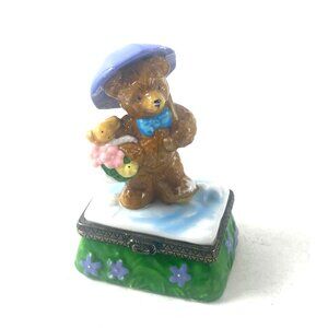 Vintage Porcelain Bear Trinket Box with Flowers & April Inscription